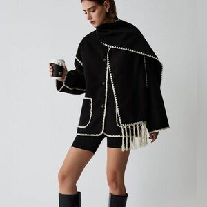 Contrast Trim Jacket With Matching Scarf